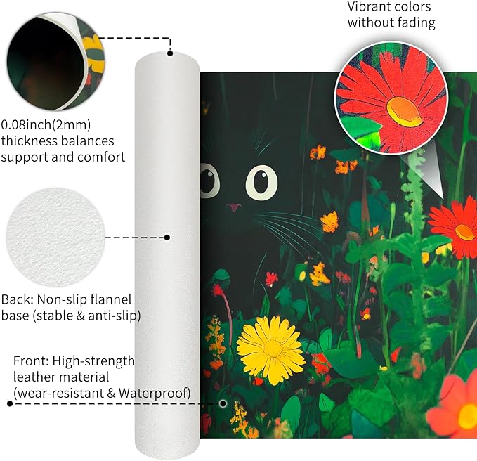 Bloss Green Mouse Pad,Large Floral Plants Desk Pads for Desktop,Cute Black Carton Cat Leather Desk Mat for Keyboard and Mouse,Computer Laptop Desk Protector Mat for Office/Home/Women Gift,31.5"x15.7"