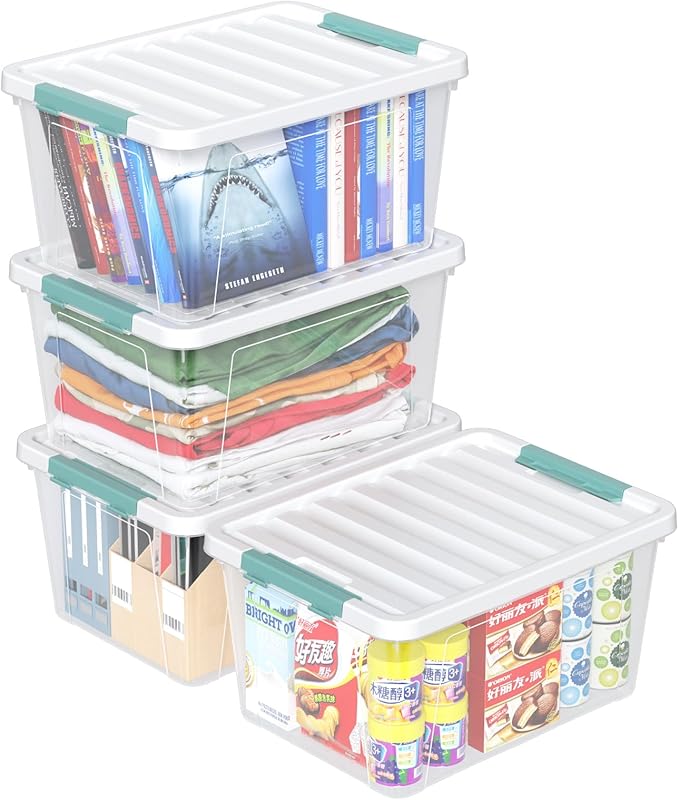 4-pack 35 Quarts Large Latching Storage Boxes, Clear Plastic Organizer Tote Bins with Lids