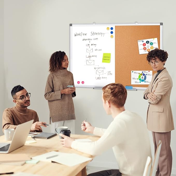 WALGLASS Combination Magnetic Whiteboard & Corkboard, 36"x24" Combo for School, Office & Home, Dry Erase Board with Removable Tray, Pins, Eraser, Markers & Magnets
