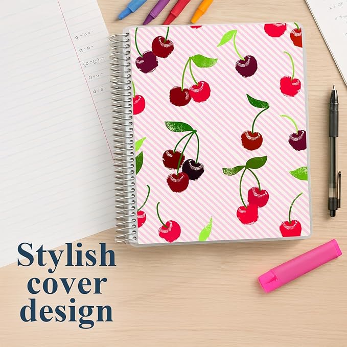 Erin Condren 7” x 9” Lined Spiral Notebook, College-Ruled Layout with 80 Lb. Paper, Cherry Cover, 160 Lined Notebook Pages, Platinum Coil, Stickers Included