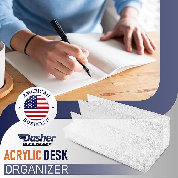 Acrylic Desk Organizer for Office Supplies and Desk Accessories, 12.5” x 5.5” x 4” and 5mm Acrylic Valet to Organize Documents, Mail, Paper Clips, Sticky Notes, Tablet, Other Storage (Clear Glitter)