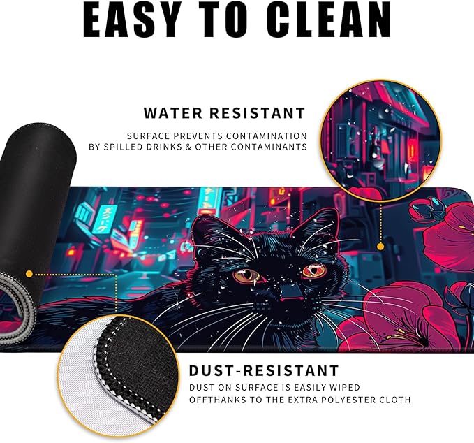 Japanese Black Cat Mouse Desk Pad Kawaii Red Anime Desk Mat Desk Decor Large Gaming Mouse Pad for Tokyo Neon Desk Mousepad Computer Office Keyboard Laptop Big Floral Mouse Pad Xl-31.5x11.8 in