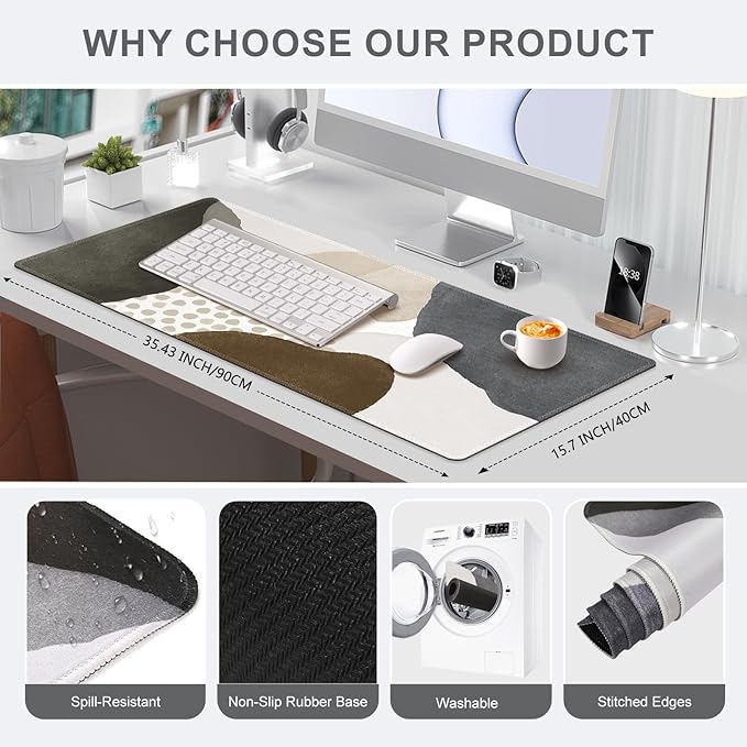 HAOCOO Desk Mat, Computer Desk Pad, Large Mouse Pad for Desk, XXL Gaming Mousepad for Desktop with Non-Slip Base, Waterproof Laptop Keyboard Mat for Home Office, Gray Boho