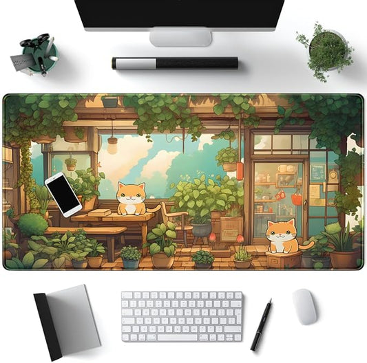 Desk Mat Cat Plant Green Large Mouse Pad Long Mousepad Gaming Office Decor Big Computer PC Laptop Protector Desk Mat Keyboard Pad Non-Slip Rubber Base Mousepad Long with Stitched Edges 31.5x15.7 in