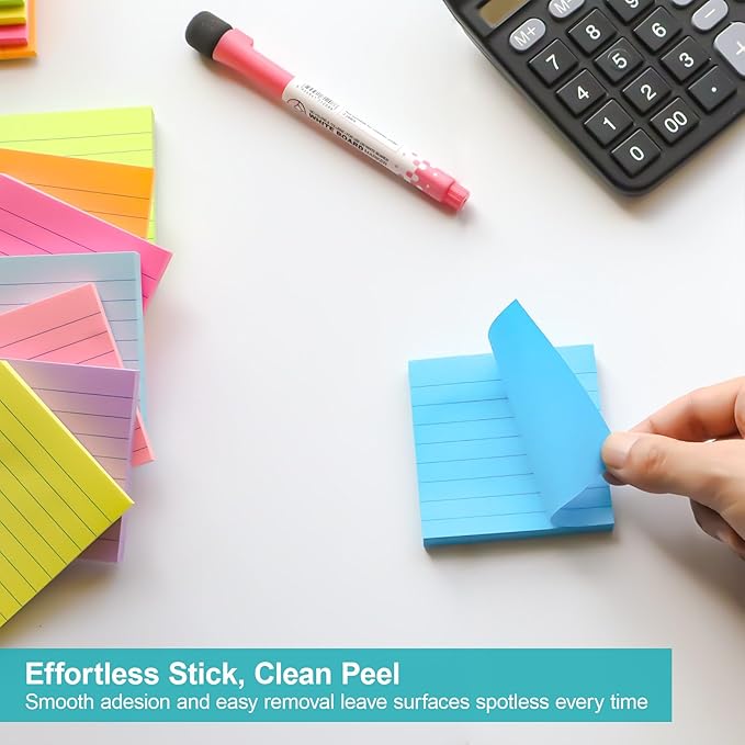 Lined Sticky Notes, 8 Pads 3x3 Sticky Notes Self-Stick Note Pad Its Bright Post Colorful Stickies for Office Home School Meeting