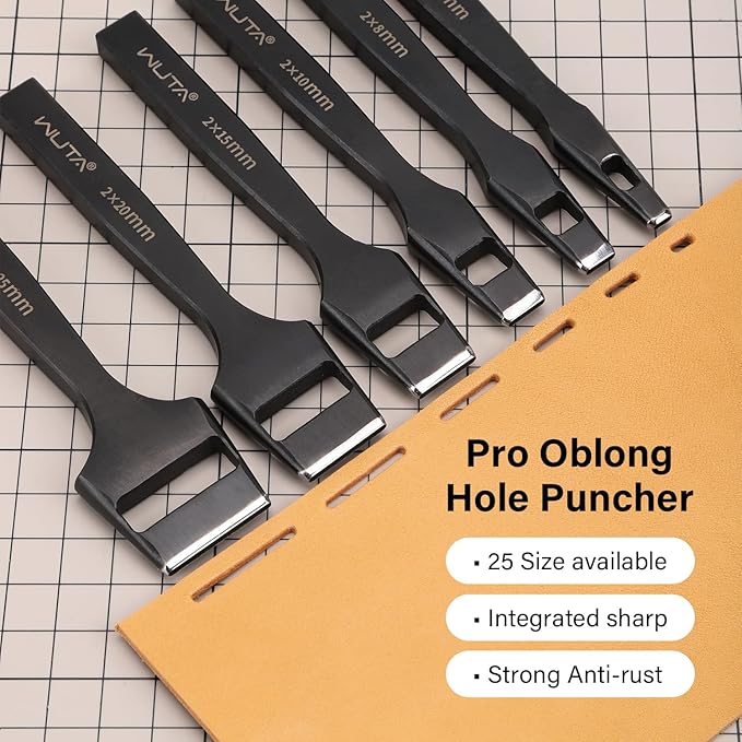 WUTA 5 Pcs Leather Belt Hole Puncher Oval Cutter Strap Watch Band Flat Punches Heavy Duty Oblong Tools for Leathercrafting (4 * 20+4 * 25+5 * 20+5 * 22+5 * 25)