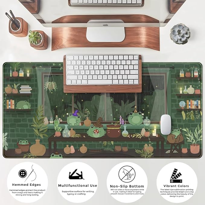 Cute Desk Mat Kawaii Frog Mouse Pad Green Desk Anime Mat Large Gaming Mouse Pad Desk Computer Keyboard Pad Desk Home Office Accessories Girl Stitched Eges (31.5x15.7 in) WER236