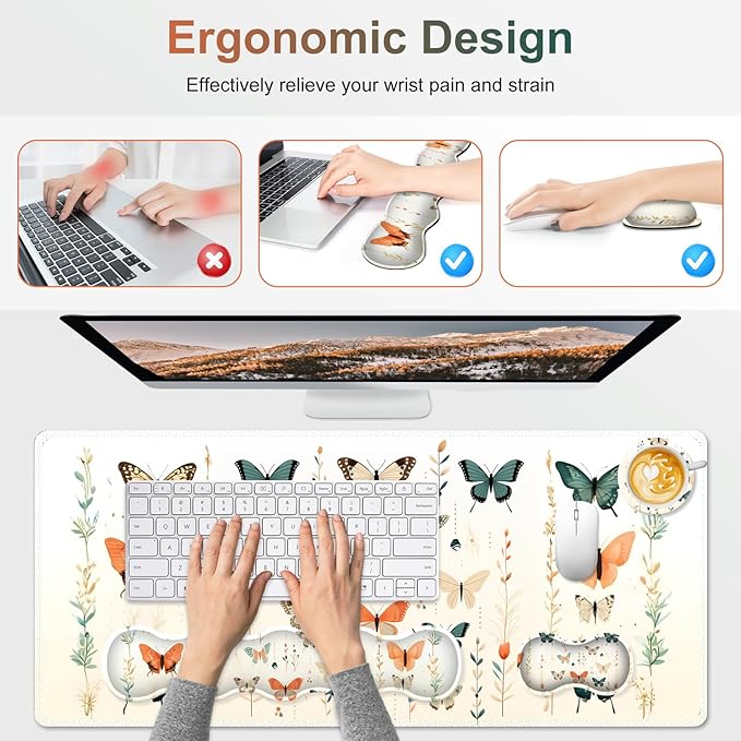 Desk Mat Gaming Mouse Pad, Cute Desk Matt Keyboard Wrist Rest for Desktop, Anti-Slip Mousepad with Stitched Edges, XXL Large Mouse Pad with Wrist Support for Desk Computer I Beige Buttefly