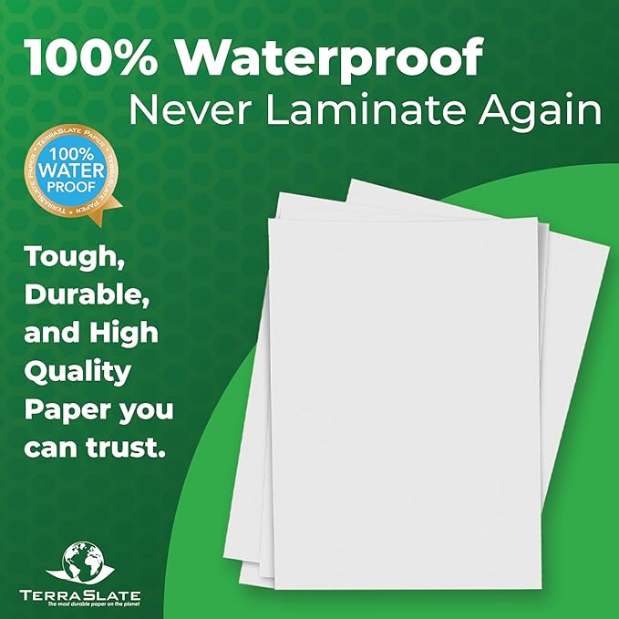 TerraSlate Premium Rain/Weather/Waterproof Paper, 10 MIL 8.5 x 11 Inches, Bright White, Durable Printer Paper (250 Sheets)