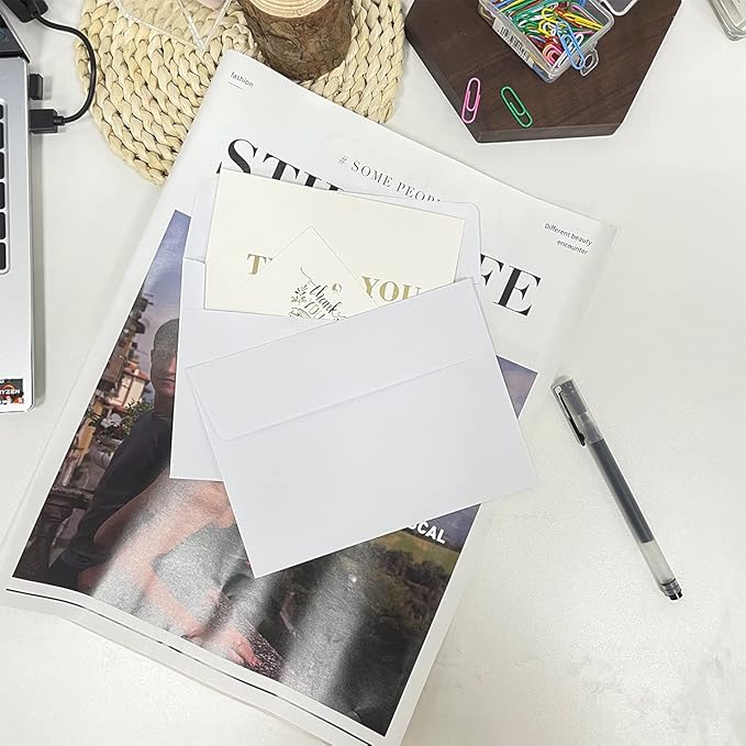 A7 Invitation Envelopes (200 PCS) - 5.25x7.25 in Windowless Design, 120GSM White Paper, Printable Quick Self-Seal for Greeting Cards, Photos, Invoices