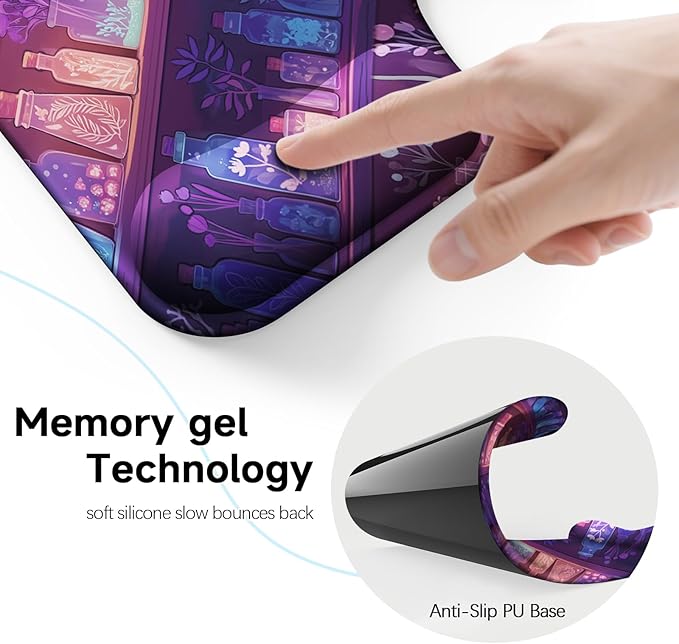 Ergonomic Mouse Pad with Gel Wrist Rest (1"& 1.2" Dual Height) - Mouse Pads Compact Mousepad Desk Mat Office, Gaming & Carpal Tunnel Relief | Non-Slip Rubber Base Mystical Potion Bottles
