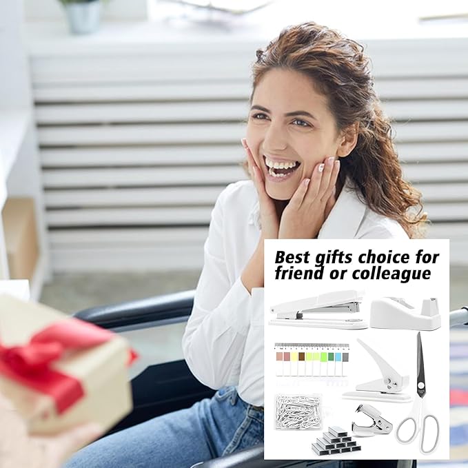 sportsvoutdoors White Desk Accessories, White Office Supplies,Large Stapler and Tape Dispenser Set, White Desk Accessory Kit, Gift for Students, Women, Coworkers, Boss Lady, Office Clerks