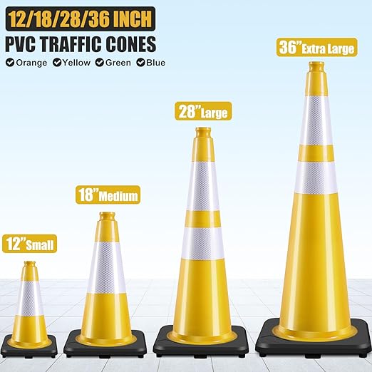 Fluorescent Orange/Green PVC Traffic Cones, Heavy Black Base Parking Lot Cone Structurally Stable Weatherproof Road Construction Safety Cones (4, Yellow, 12" Small)