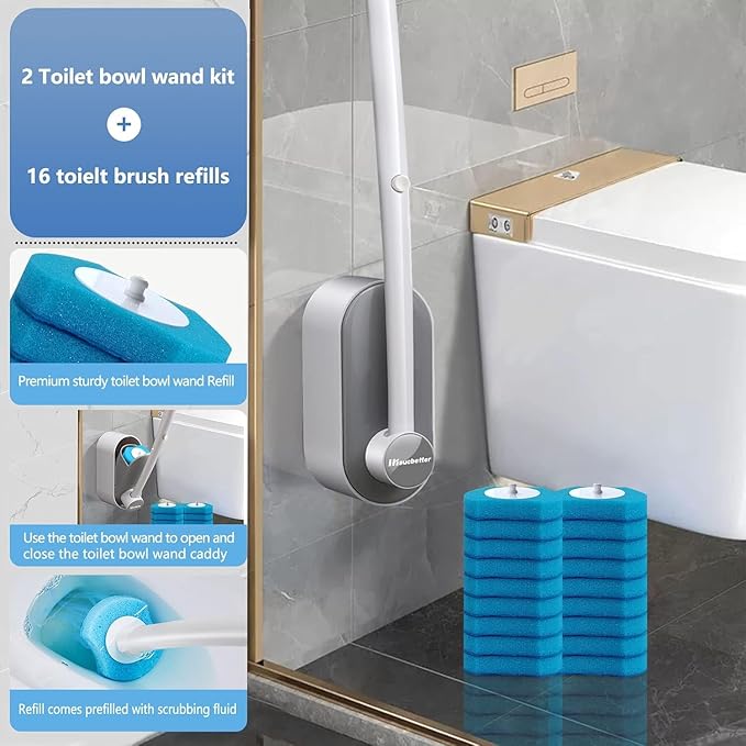 Disposable Toilet Brush with 32 Refills, Wall Mount Toilet Bowl Brush, 32PCS Powerful Toilet Brush Refills, Toilet Bowl Wand, Convenient and Contact-Free Toilet Brush Disposable.