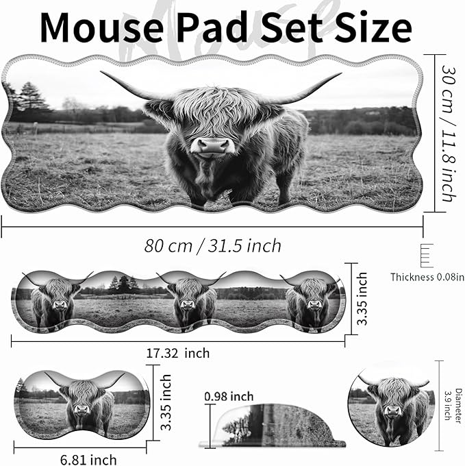 Office Mouse Pad Set with Wrist Support, Large 31.5"x11.8" Desk Mat, Ergonomic Memory Foam Keyboard Wrist Rest, Non-Slip Durable Mouse Pad for Work & Home, Highland Cow