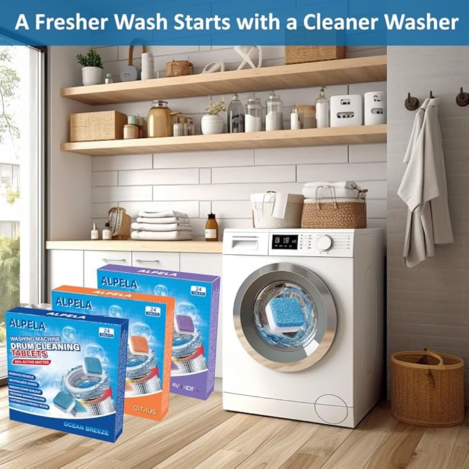 ALPELA Washing Machine Cleaner Descaler | Deep Cleaning Tablets For HE Front & Top Load Washer, Septic Safe Eco-Friendly Deodorizer, Clean Inside Drum and Laundry Tub Seal (Ocean Breeze - 24 Count)