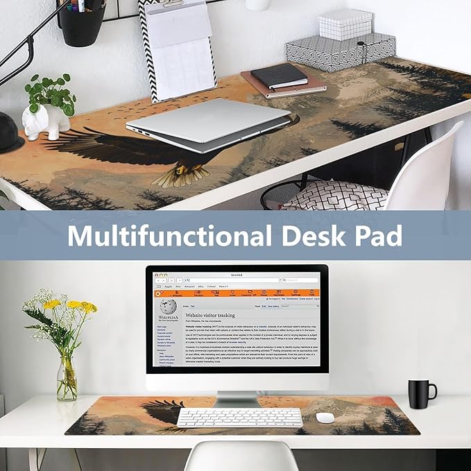 Mouse Pad Desk Mat Leather Desk Pad Large Gaming Desk Cover Protector Mat for Keyboard Computer Laptop Office Waterproof 47.2 x 23.6 Inch Bald Eagle Roses Mointains Orange