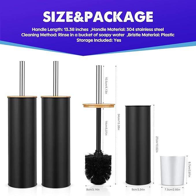 ODJSY Compact Toilet Brush and Holder 2 Pack,SetStainless Steel Handle Toilet Brush,Deep Cleaning,Durable Nylon bristles,Splash-Proof Design(White&Black)