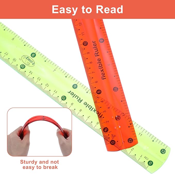 2 Pcs Flexible Ruler Set, 12 Inch Plastic Ruler Red and Green Bendable Measuring Tool for Office Home Drafting Tools