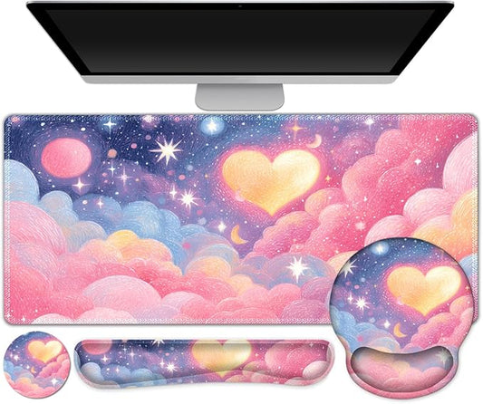 ARTSO Desk Mat Combo, Large Mouse Pad with Wrist Rest, Keyboard Wrist Support Desk Pad, Ergonomic Mousepad with Non-Slip Base for Home Office Game, Colorful Clouds