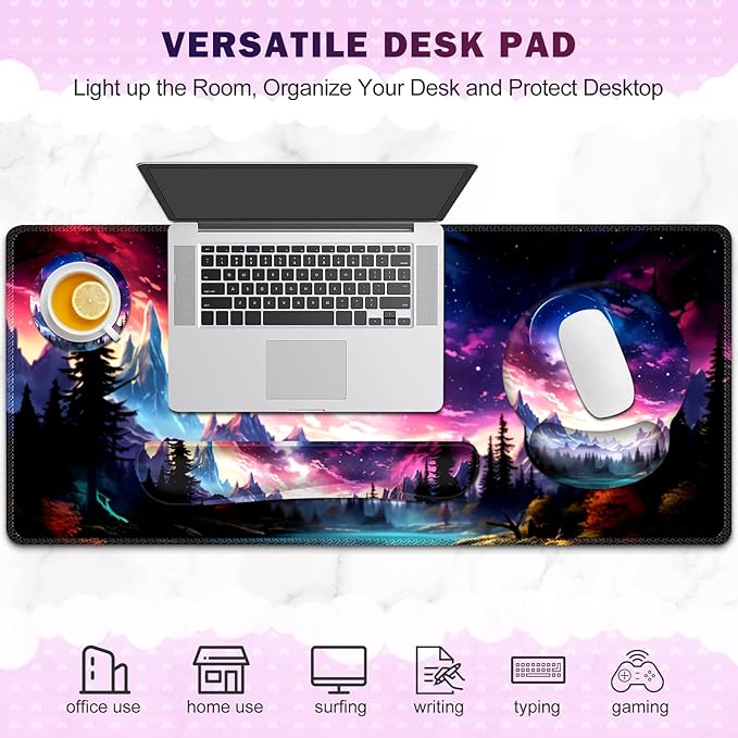 Gaming Mouse Pad, Large Desk Mat, Cute Desk Pad Protector, 4in1 XXL Mousepad + Keyboard Wrist Rest+Mouse Wrist Rest+Coaster Set with Ergonomic Desk Pad for Home Office Table Computer, Purple Hill