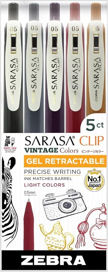 Zebra Pen Sarasa Clip Retractable Gel Pen, 0.5mm Fine Point, Assorted Vintage Light Colors, Ideal for School Supplies and Teacher Supplies, 5-Pack (47445)