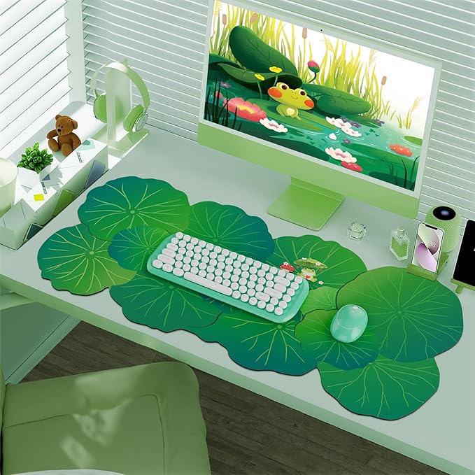 HAOCOO Cute Frog Desk Mat, Scalloped Desk Matt for Desktop, Large Mouse Pad for Desk, Non-Slip Keyboard Mat, Green Desk Mat with Stitched Edge, Kawaii Mouse Pad for Office (35.4" × 15.7")