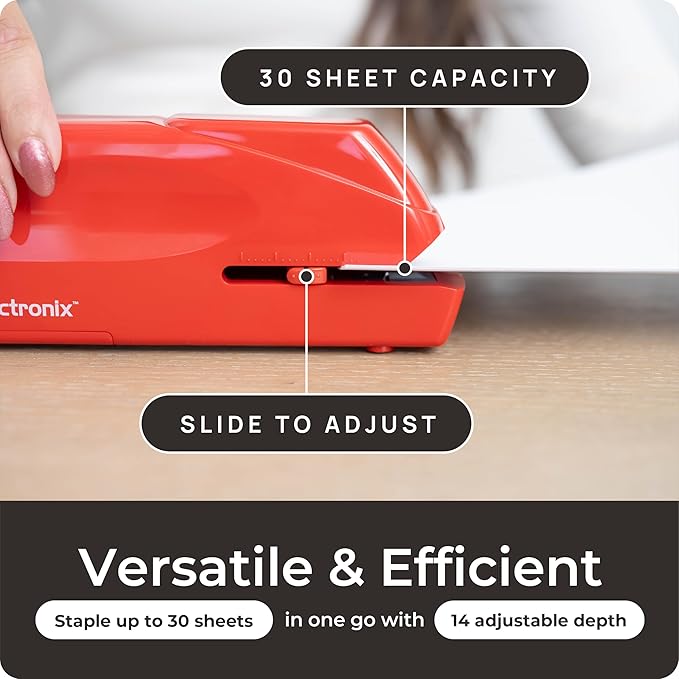 Portable Automatic Electric Stapler - 30 Sheet Capacity, Quiet Operation, Jam-Free and Easy Reload - AC Adapter/Battery Powered (Red)