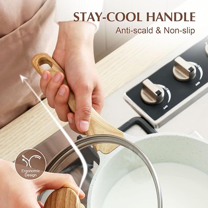 SENSARTE White Ceramic Nonstick Saucepan with Lid 2.5 Quarts, Medium Cooking Pot with Stay Cool Handle, Induction Compatible Saucepot, White Granite Coating, Free of Intentionally Added PTFE/PFOA/PFAS