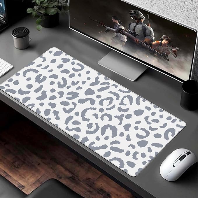 Desk Pad, Abstract Grey Leopard Prints Extended Large Gaming Mouse Pad for Desk XXL, Large Desk Mat for Desktop with Non-Slip Rubber Base Stitched Edges for Computer Keyboard Home Office 35.4"X15.7"