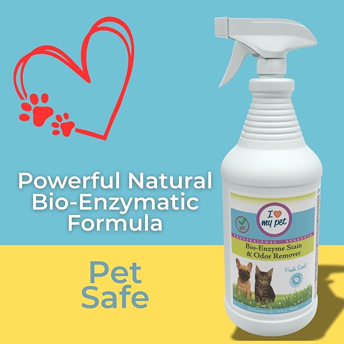 Theochem I Love My Pet Enzyme Stain & Odor Eliminator for Dog & Cat Urine – Professional Strength Cleaner for Carpets, Furniture & Upholstery – Pet-Safe, Works on Set-In Odors – 32 oz