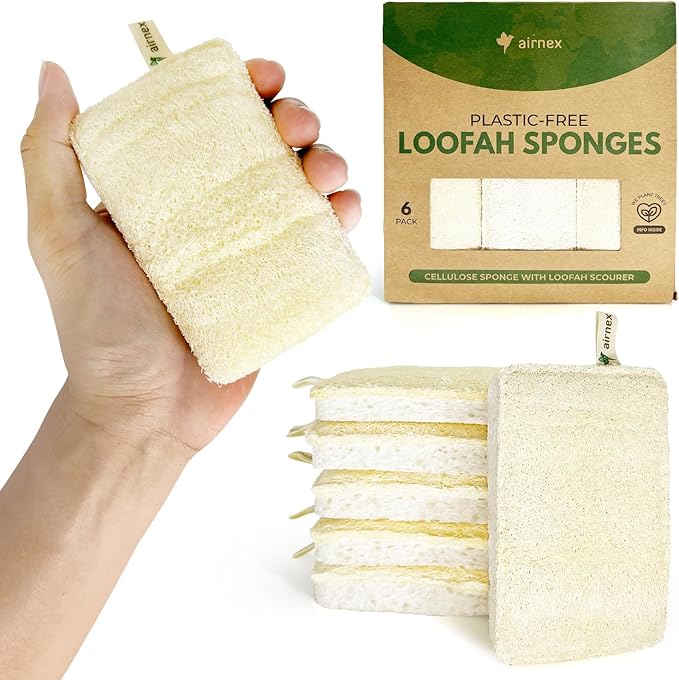 Natural Loofah Sponges for Dishes Pack of 6 - Compostable and Cellulose Kitchen Loofah - Plastic Free Dish Sponges Kitchen with Cotton Hanging Loop