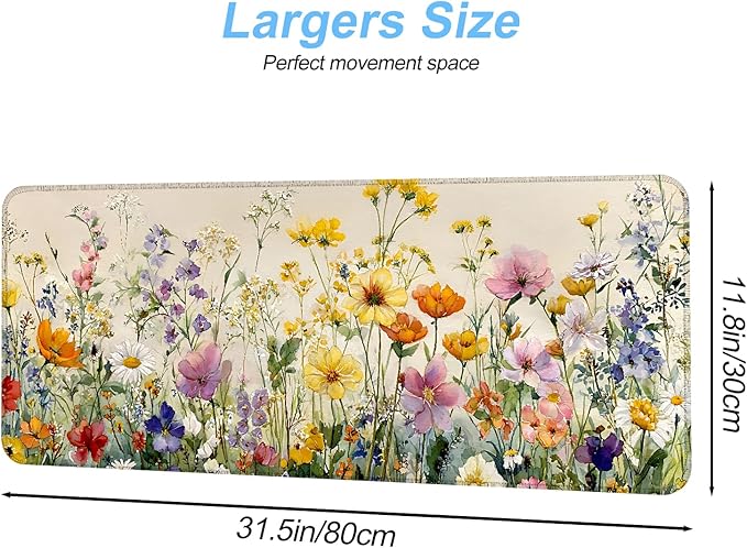 31.5" x 11.8" Watercolor Floral Mouse Pad – Vibrant Wildflower Garden Desk Mat with Daisy, Poppy & More – Extended Non-Slip Mouse Pad for Home Office Decor
