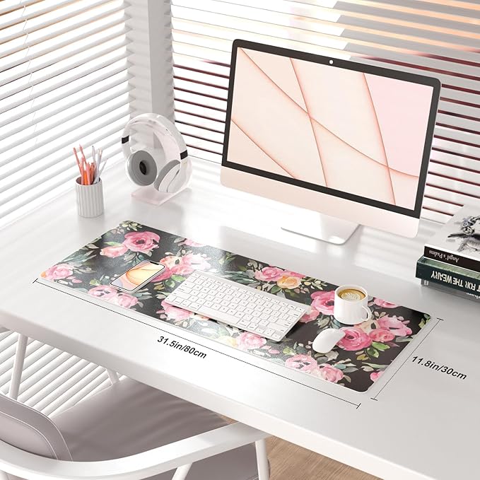 QIYI Large Mouse Pad, Floral Desk Mat for Desktop, Women Girls Watercolor Pink Flowers Office Décor Desk Accessories, PU Leather Waterproof Gaming Mousepad, Black Desk Pad Computer Mat, 31.5" x 11.8"