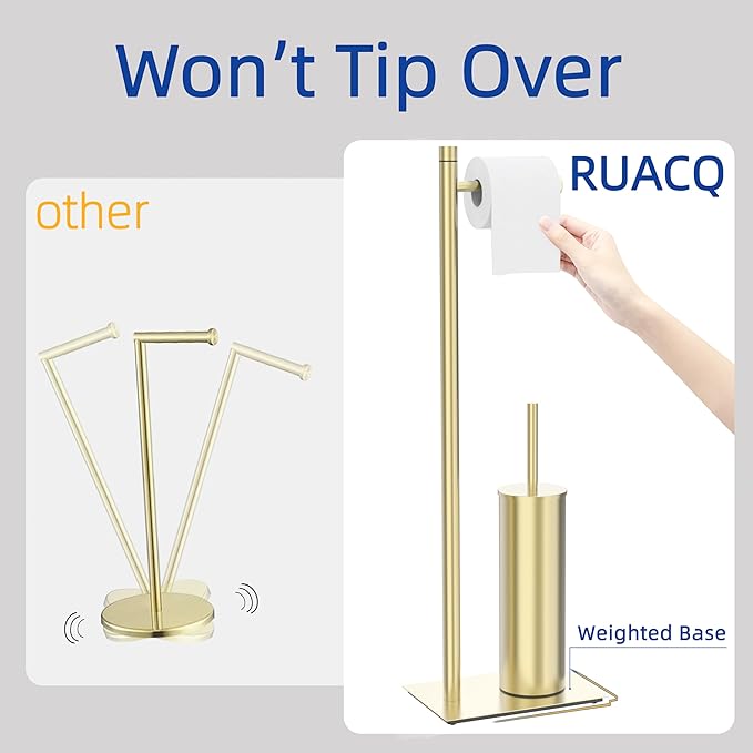 RUACQ Toilet Paper Holder Stand with Toilet Brush and Holder Set, 304 Stainless Steel Bathroom Toilet Tissue Paper Roll Holder Free Standing, Weighted Base, Heavy Duty (Brushed Gold)