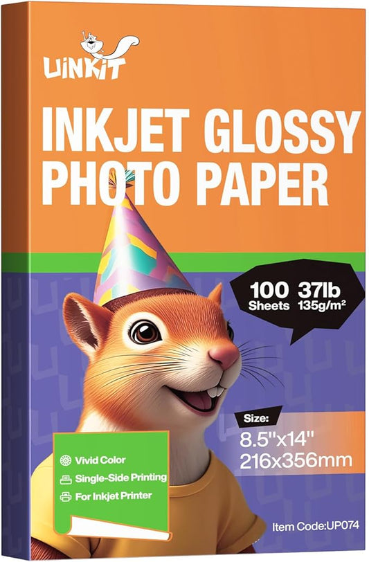 Uinkit 37lb legal size Thin Flyer Paper Glossy 8.5x14 Inkjet 100 Sheets Single Side DIY Chip Bag 135gsm Photos Picture for Inkjet Printer with Dye Ink legal size Brochure (8.5X14X100)
