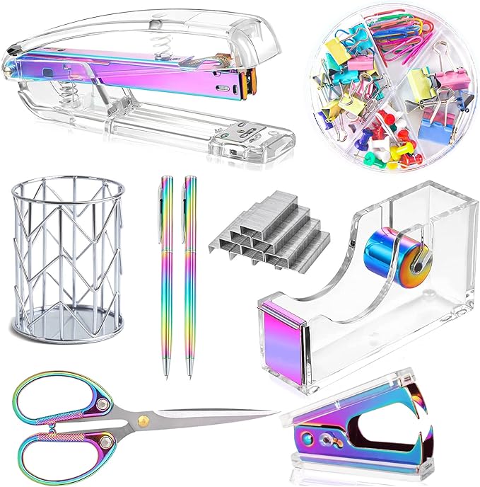 Famassi Dream Color Acrylic Stapler and Tape Dispenser Set, Office Supplies with Tape Dispenser, Stapler Remover, 2 Ballpoint Pen, Scissor, Binder Clips, Paper Clips and 1000pcs Staples