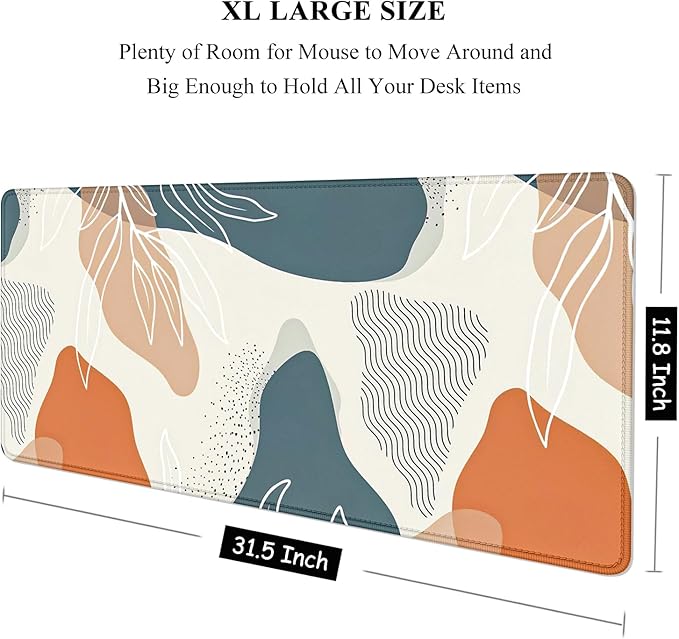 Auhoahsil Large Mouse Pad, XXL Gaming Mousepad, Desk Mat for Desktop, Thick Rubber, Big & Long Size, Stitched Edges, Full Desk Pad for Laptop & Computer, Extended 31.5 x 11.8 in, Abstract Art Leaves