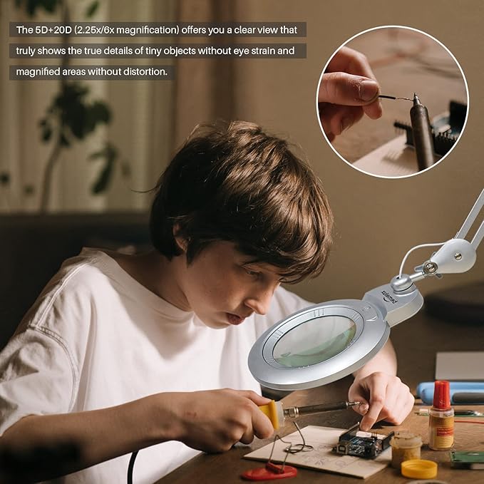 Bifocals Magnifying Desk Lamp with Clamp, 5 Diopter with 20 Diopter, 6 Inch Detachable Lens and 120PCS LEDs, 3 Color Modes 1200 Lumens Swivel Arm Magnifying Lamp with Light for Crafts (Silver)