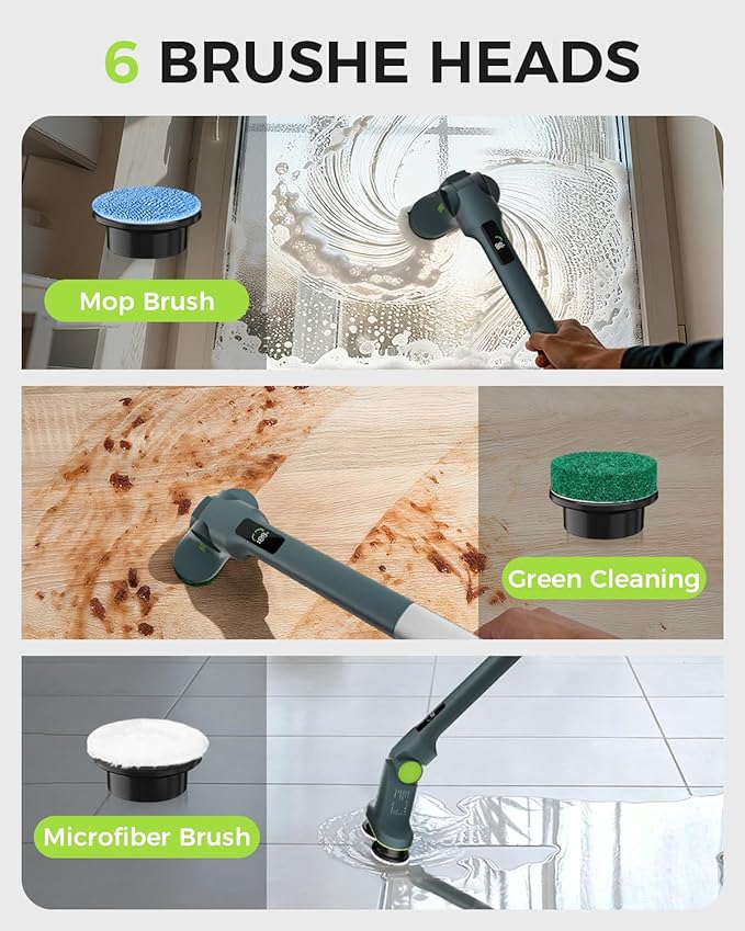 Electric Spin Scrubber Cordless Dual-Brush, IPX7 Waterproof Bathroom Power Scrubber Removalbe Extendable Handle with Digital Display, 2 Speeds, 6 Brush Heads for Bathroom, Tub, Tile, Shower, and Car