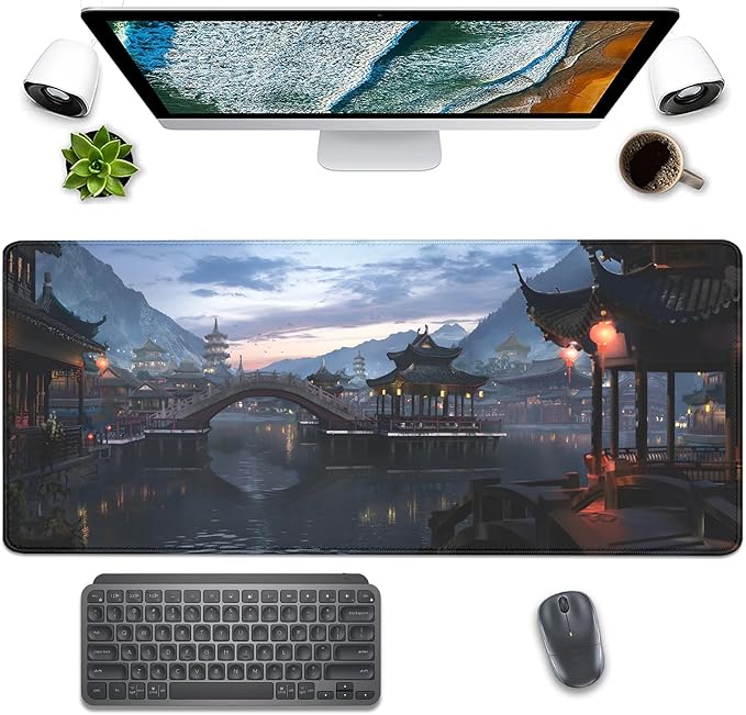 Japanese Style Ancient Pavilion Sky Mountains Extended Desk Pad Mouse Pad,Stitched Edges Non-Slip Rubber Base XL Mouse Mat Desk Mat for Office Home Work Mousepad(27.5X11.8 Inch)
