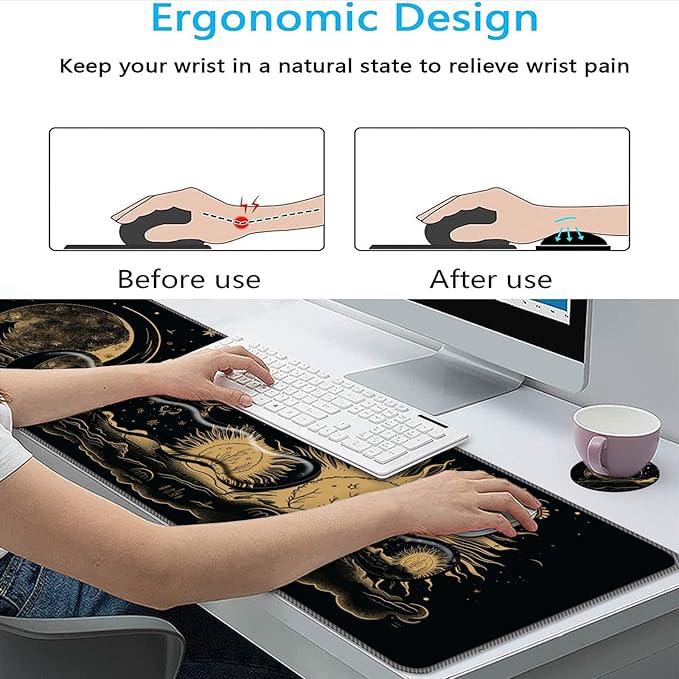 Keyboard Mouse Pad Set,Large Mouse Pad+Keyboard Wrist Rest+Wrist Support+Coaster,31.5x11.8in Extended Desk Mat for Computer Laptop Office Home-Sun and Moon