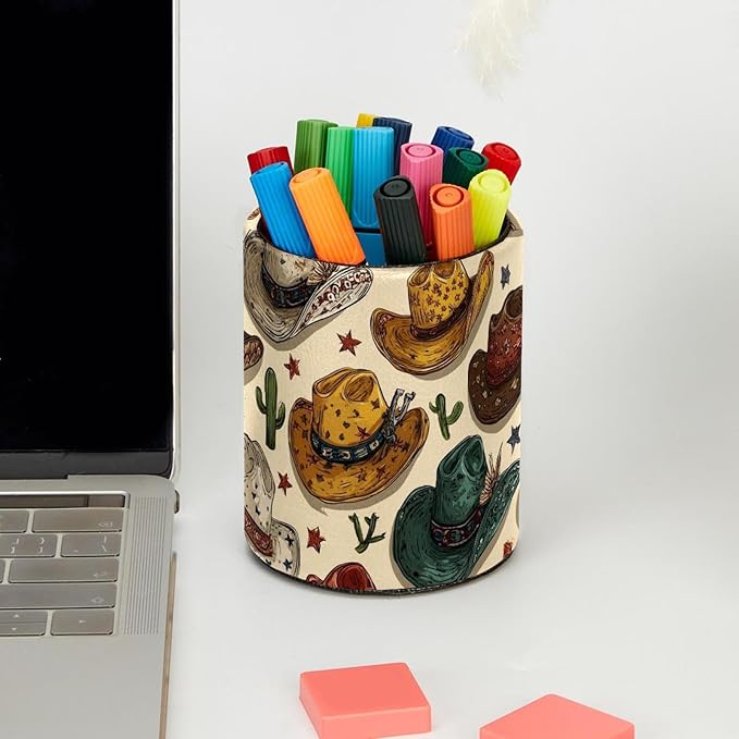 1 Pack Western Cowboy Hat Circular Pen & Pencil Holder - Durable PU Leather Pencil Cup, Desk Accessories Organizer for Office Desk School Home
