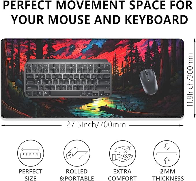 Colorful Clouds Sun Stream Forest Desk Pad Mouse Pad,Large Colorful Gaming Mouse Mat with Stitched Edges,Non-Slip Waterproof Rubber Base Mousepad for Office Work Home Desk Mat(27.5X11.8 in)