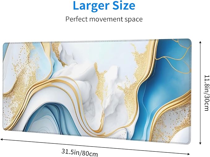 Swirl of Blue Gold Marble Extended Big Mouse Pad Large,XL Gaming Mouse Pad Desk Pad,31.5x11.8inch Long Computer Keyboard Mouse Mat Mousepad with 3mm Non-Slip Base for Home Office Work