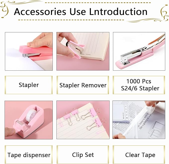 Office Supplies,Desk Accessories, Stapler and Tape Dispenser Set for Women with Stapler, Tape Dispenser, Staple Remover, Staples, Clips, Scissor and Tabs,Gift for Students, Coworkers