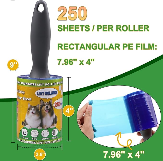 Sunroda Lint Roller Pet Hair Value Pack of 250 Sheets, Extra Sticky Lint Remover for Dog & Cat Fur, Clothes, Furniture, Couches Reusable Lint Remover for Fuzz, Fluff & Hair (Blue)