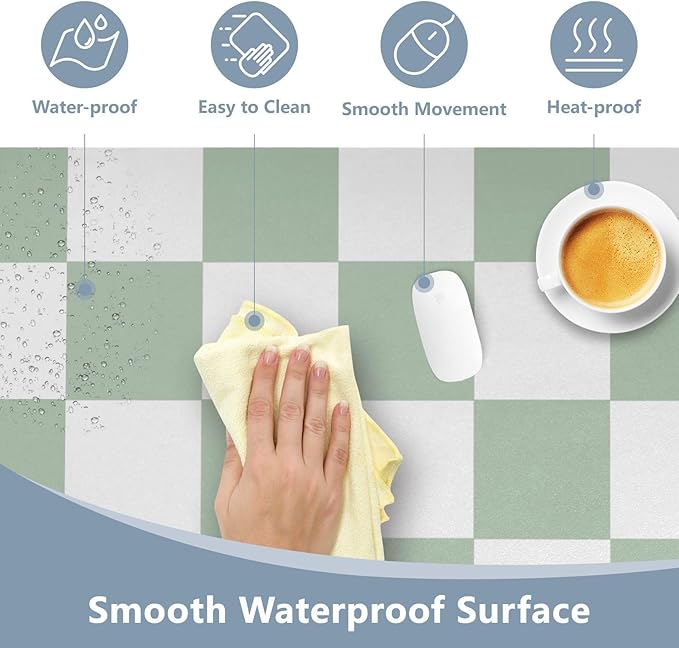 Mouse Pad Desk Mat Leather Desk Pad Large Gaming Desk Cover Protector Mat for Keyboard Computer Laptop Office Waterproof 35.4 x 16.5 Inch Checkered White and Green