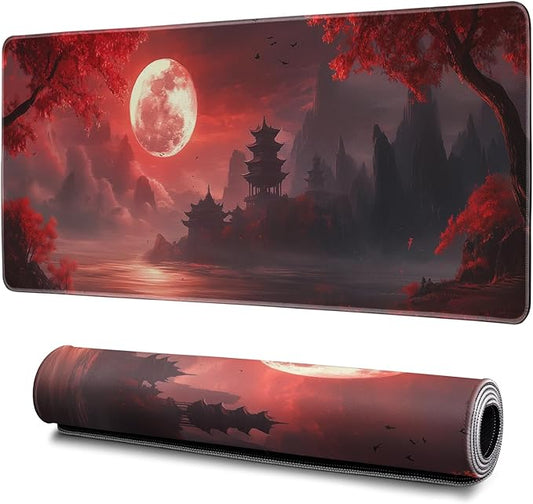 Red Landscape Mouse Pad Abstract Red Mouse Pad 31.5x11.8 Inch Landscape Texture Non-Slip Rubber Base Large Mousepad Stitched Edges Keyboard Mouse Mat Desk Pad for Office and Home