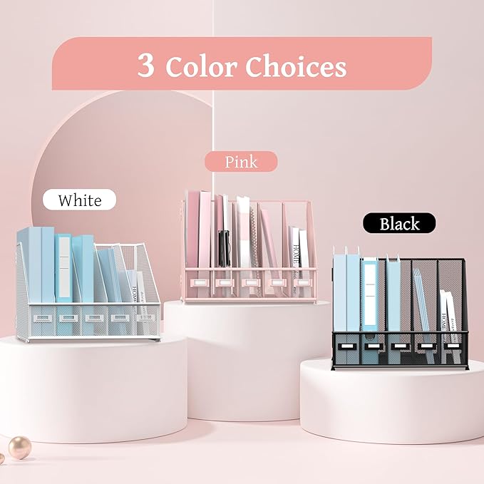 SUPEASY Desk Organizers Metal Desk Magazine File Holder with 5 Vertical Compartments Rack File Organizer for Office Desktop, Home Workspace, Pink